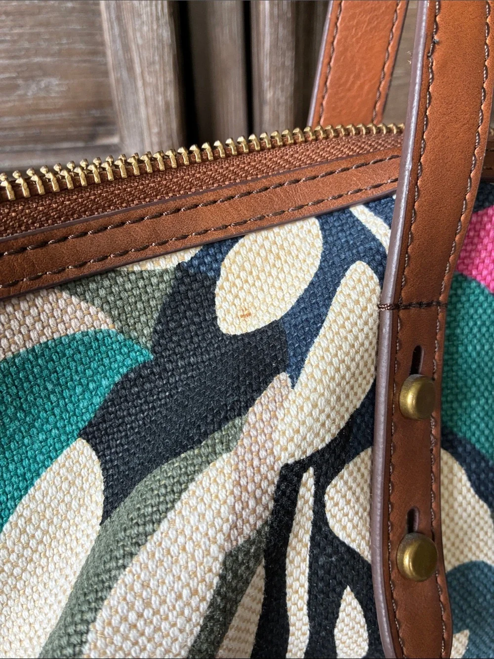 Fossil Canvas Tote in Multicolor Leaf Print with Tan Leather Handles